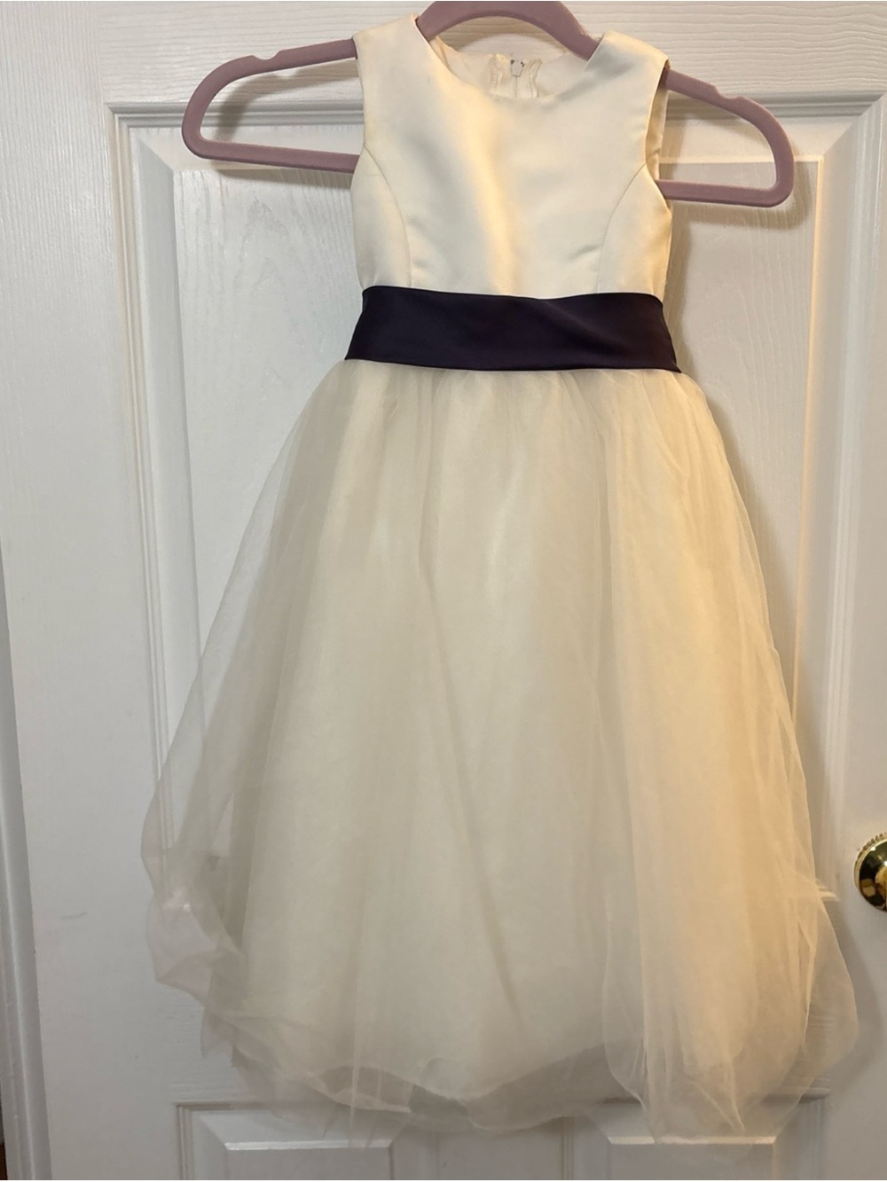 David's Bridal Ivory Flower Girl Dress with dark purple Waistband